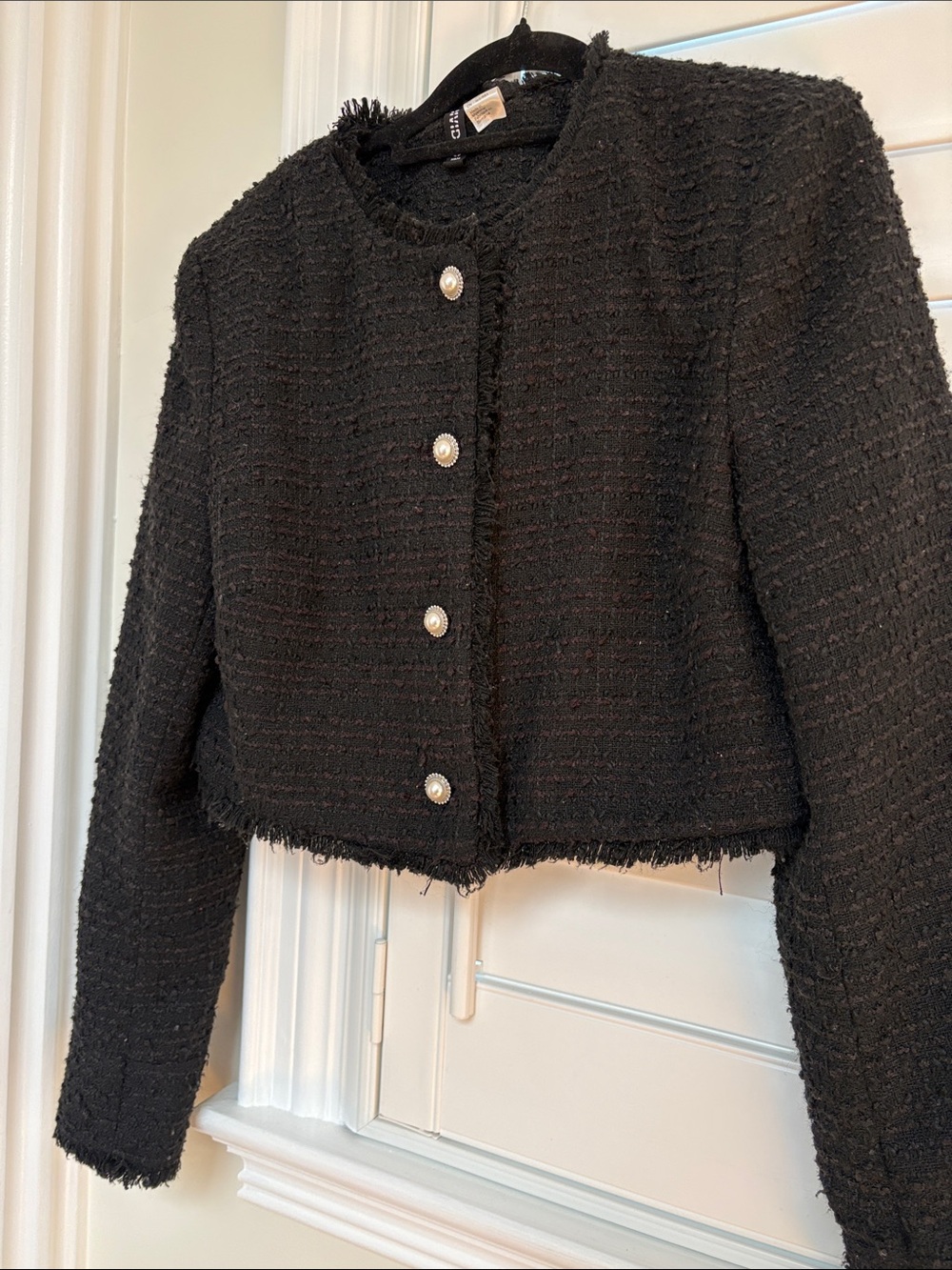 Black Tweed Cropped Blazer with Pearl Buttons